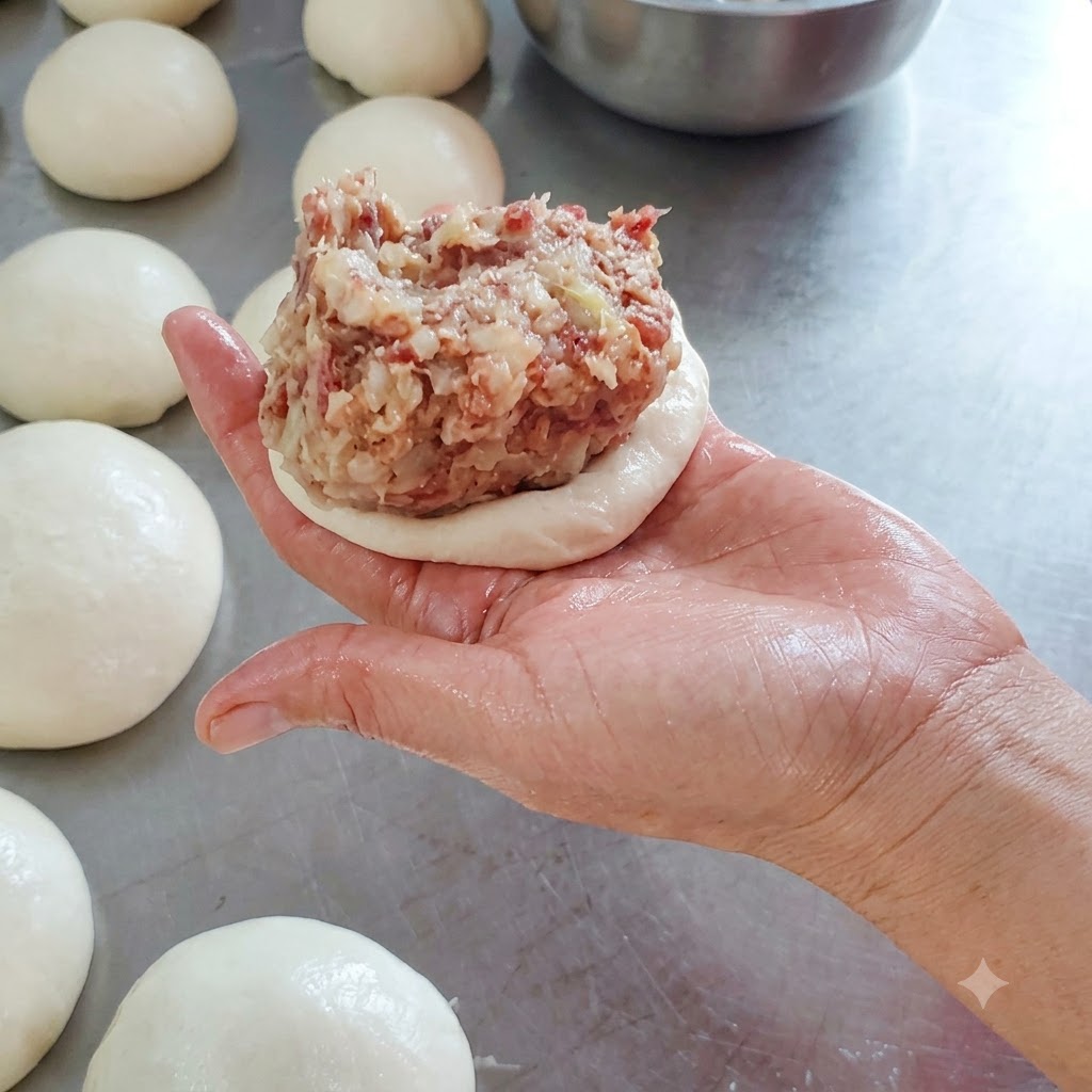 Eine Portion rohes Hackfleisch liegt auf einem flachen Teigstück in der Hand.