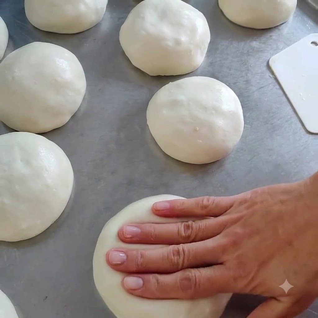 Eine Hand drückt eine gefüllte Teigkugel auf der Edelstahloberfläche flach.