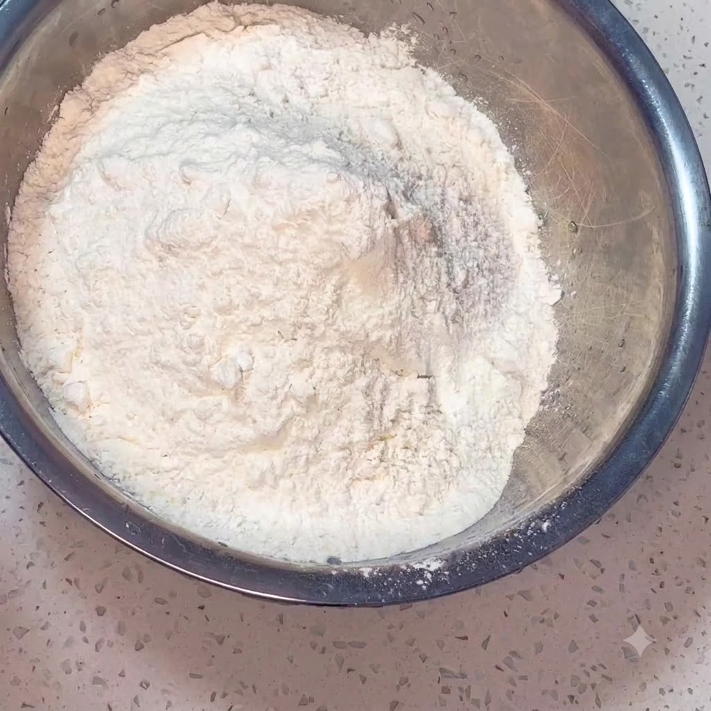 Mehl, Salz und warmes Wasser werden in einer Edelstahlschüssel mit Holzstäbchen verrührt.
