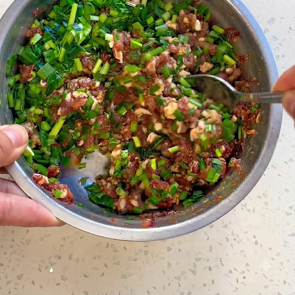 Hackfleisch und grüner Schnittlauch werden mit Gewürzen in einer Stahlschüssel mit Essstäbchen vermengt.