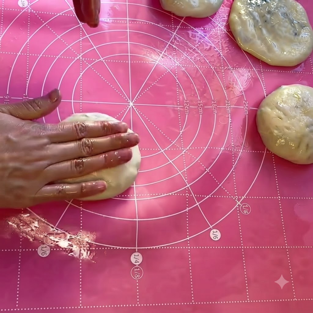 Eine Hand drückt vorsichtig auf eine gefüllte Teigkugel, um sie zu einem flachen Pfannkuchen zu formen.