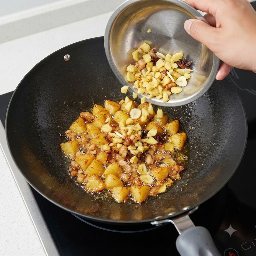 Ein Wok mit auslassendem Schweinefett und gewürfeltem Ingwer, der aus einer Edelstahlschüssel hineingegeben wird.