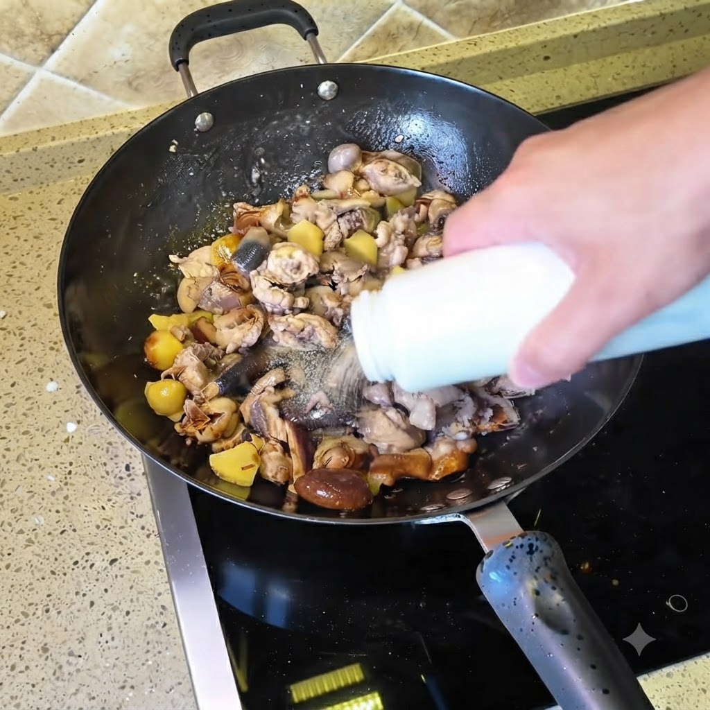 Würze wird aus einer weißen Flasche auf die Hähnchenmischung im Wok gestreut.