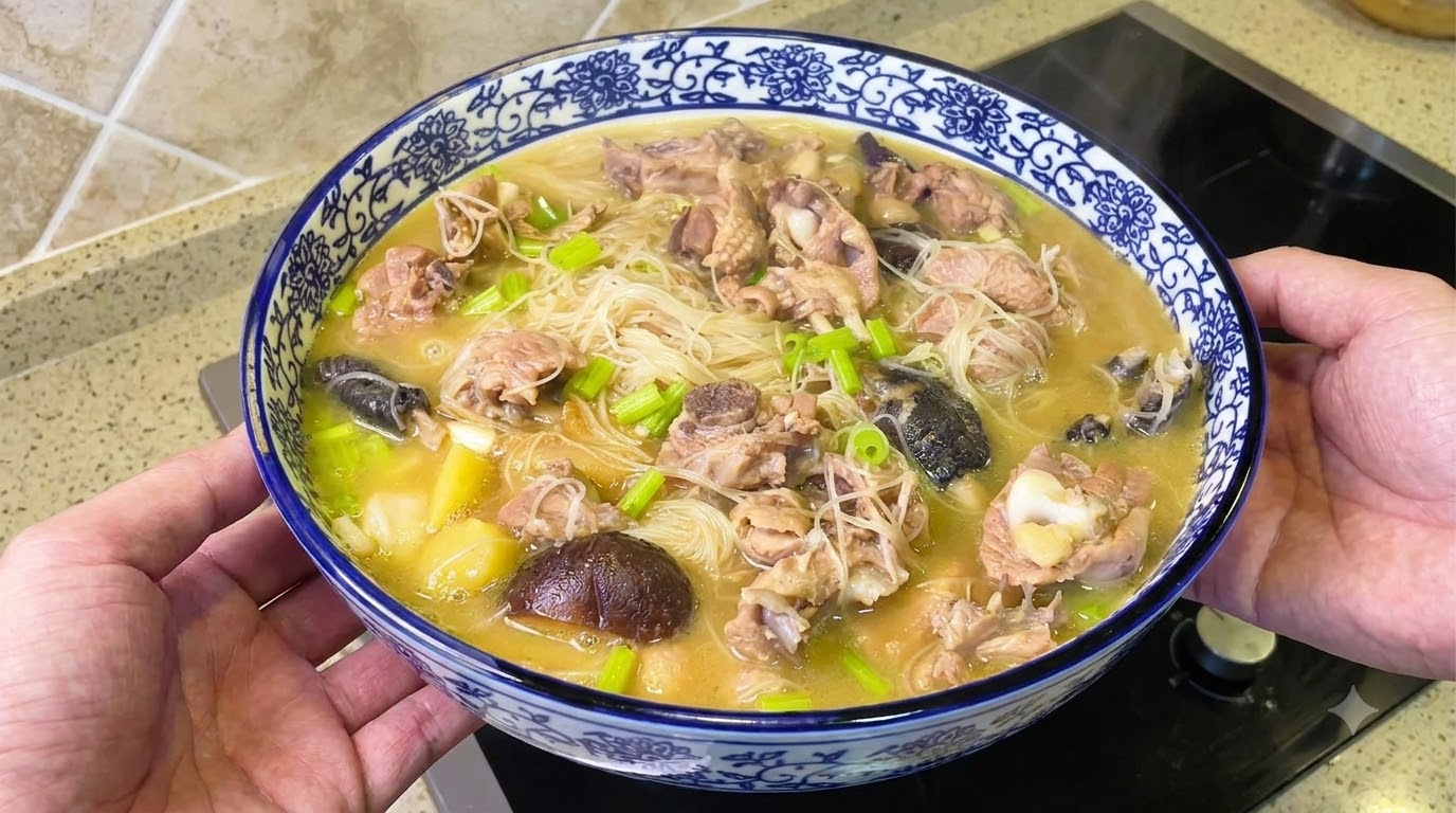 Eine große Schüssel Ingwer-Hühnersuppe in reichhaltiger goldener Brühe, garniert mit frischen Selleriestücken