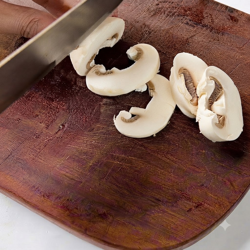 Rote Zwiebel wird auf einem Holzschneidebrett mit einem Messer in dünne Streifen geschnitten.
