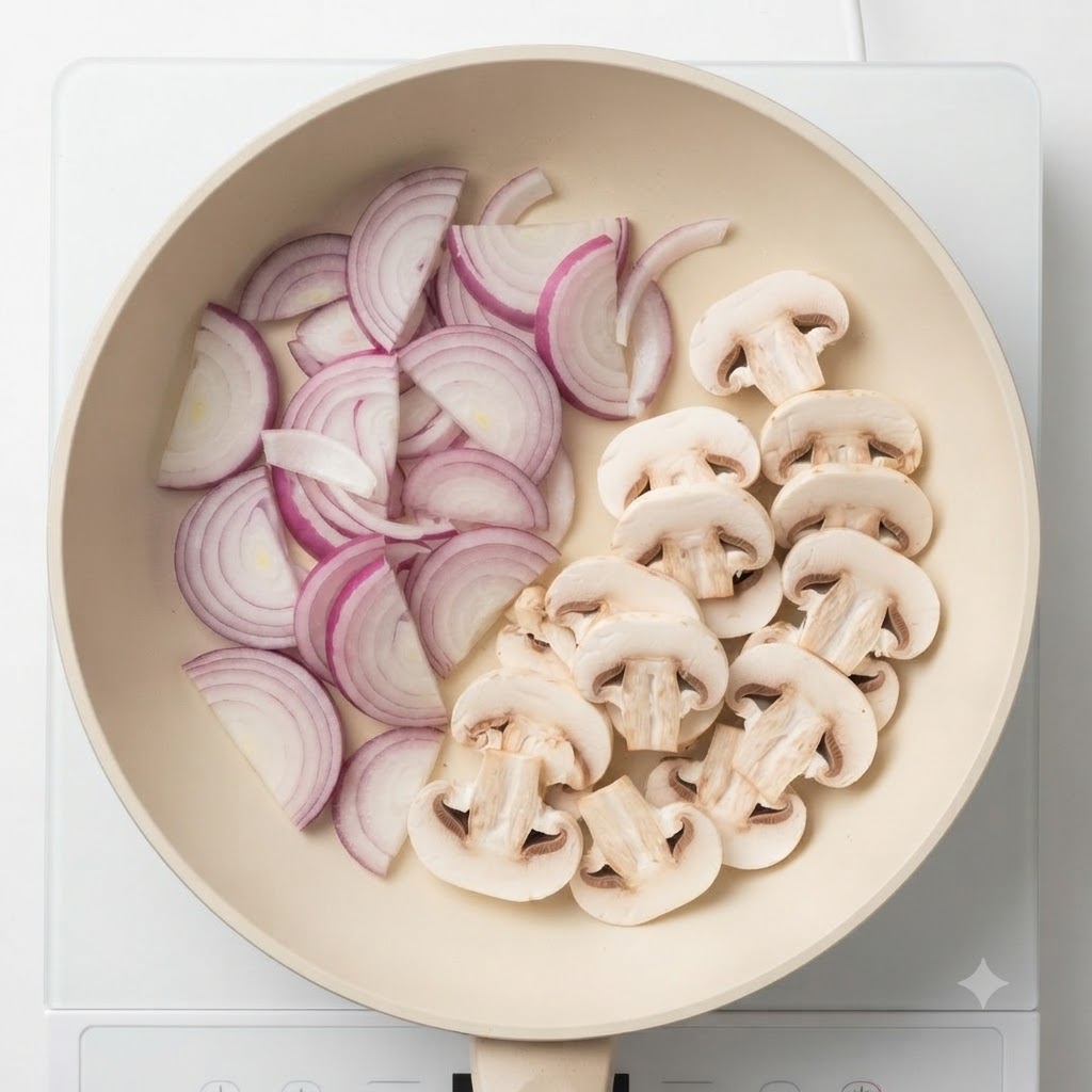 Geschnittene Champignons vermischt mit roten Zwiebeln garen zusammen in einer Pfanne.