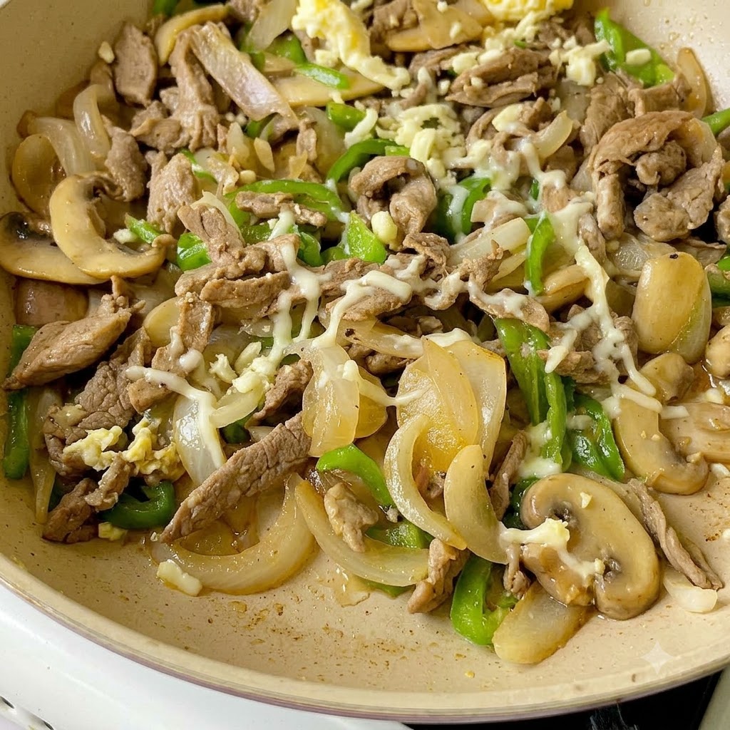 Geriebener Käse wird in der Pfanne über das gebratene Rindfleisch und Gemüse gestreut.