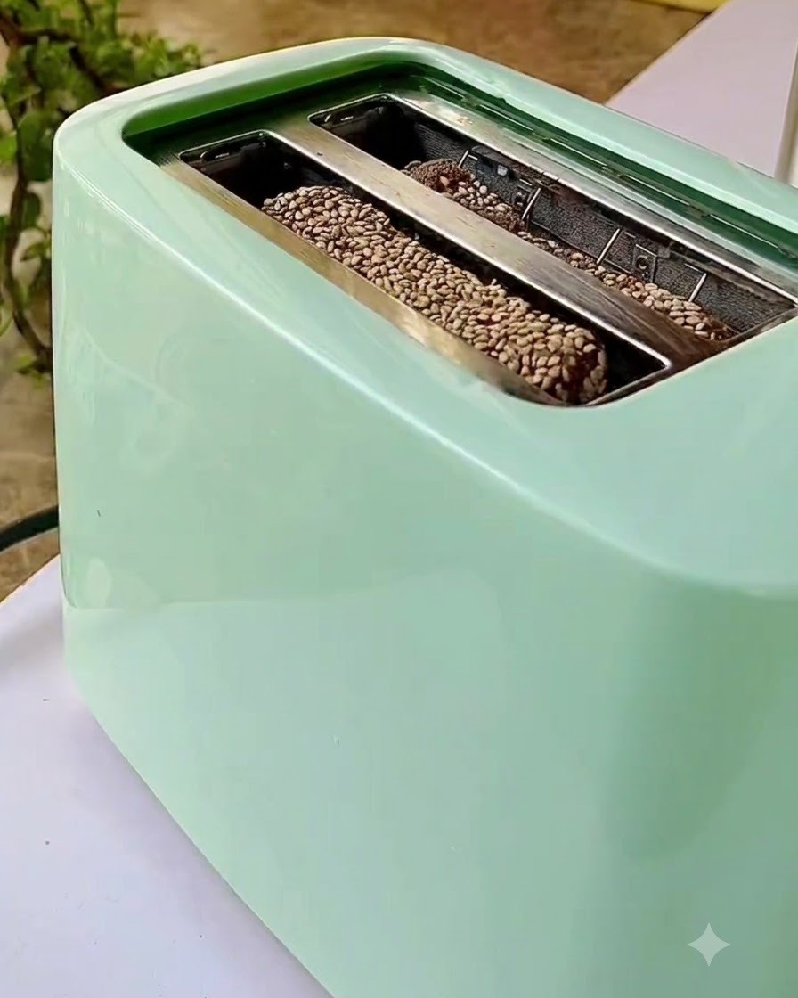 Mehrkornbrotscheiben in den Schlitzen eines hellgrünen Toasters.