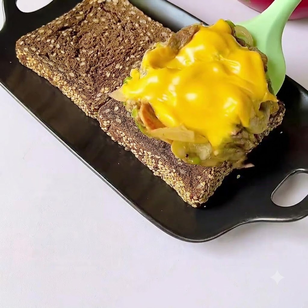 Die Mischung aus gekochtem Rindfleisch und geschmolzenem Käse wird auf getoastetes Mehrkornbrot auf einer schwarzen Platte löffelweise gegeben.