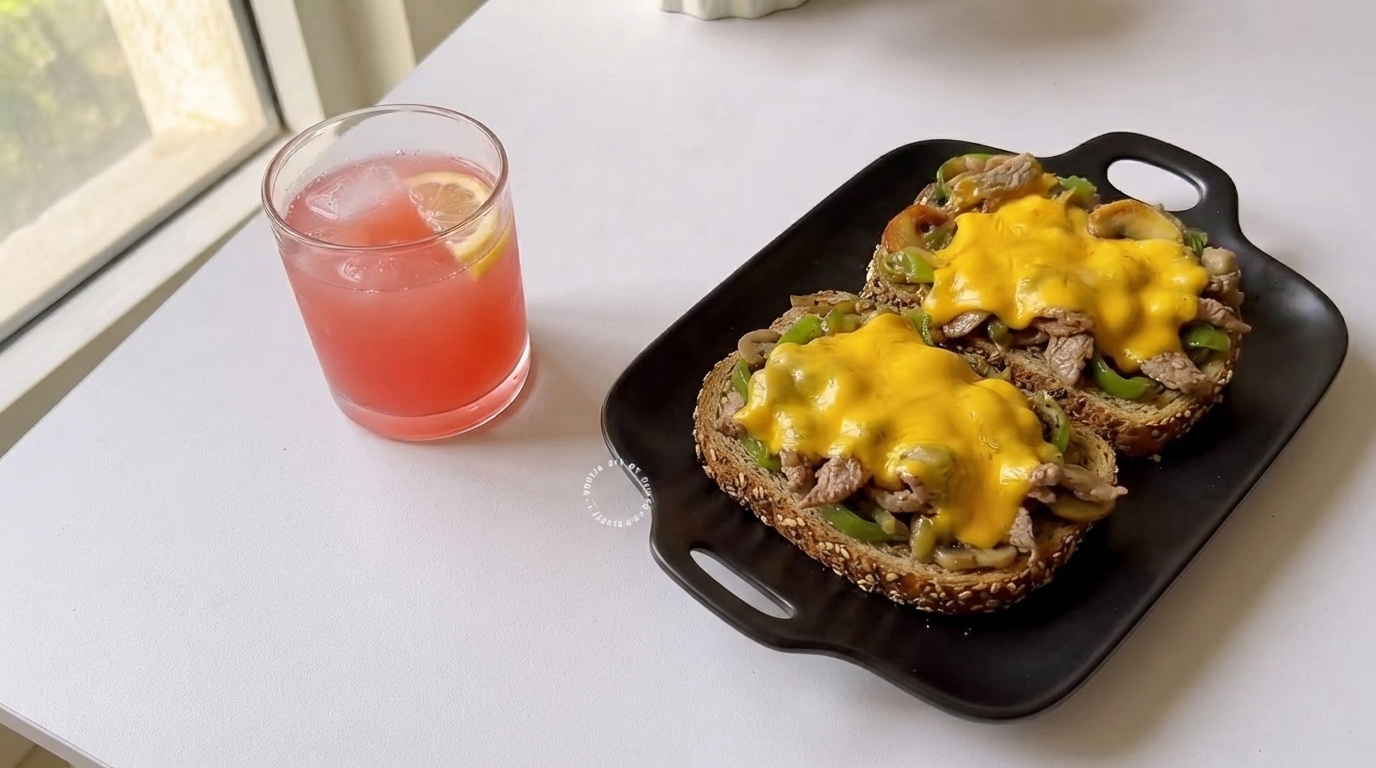 Offener Philly Cheesesteak Toast mit erfrischendem Getränk