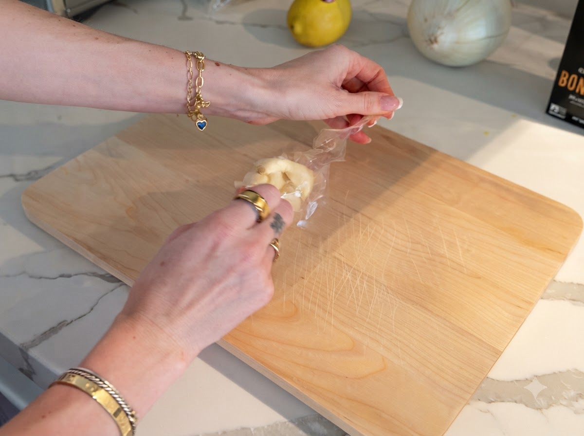 Vorgeschälte Knoblauchzehen, die ausgepackt und auf einem Holzschneidebrett gehackt werden.