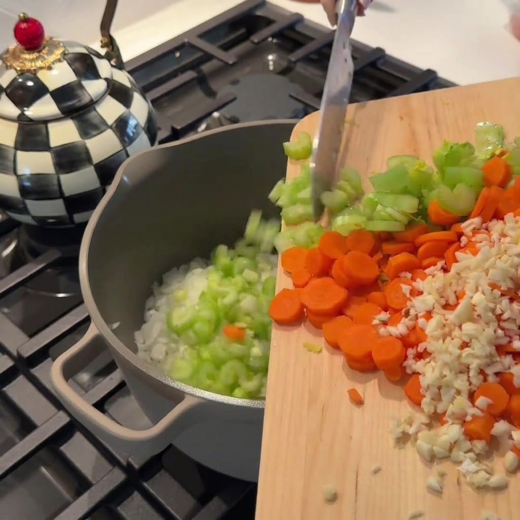 Gehackter Sellerie, Karotten und Knoblauch, die von einem Holzschneidebrett in einen grauen Topf geschoben werden.