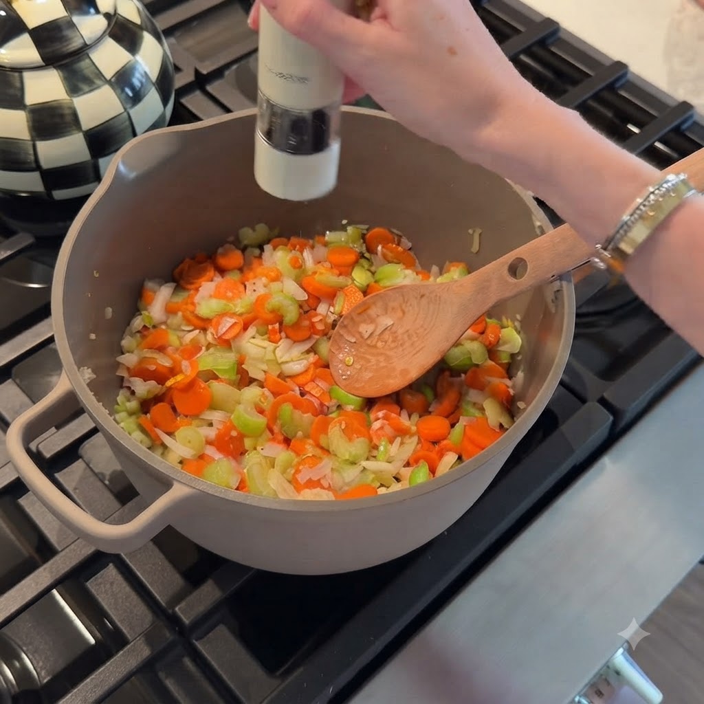 Salz, das in einen Topf mit kochendem Gemüse gestreut wird, während es mit einem Holzlöffel umgerührt wird.