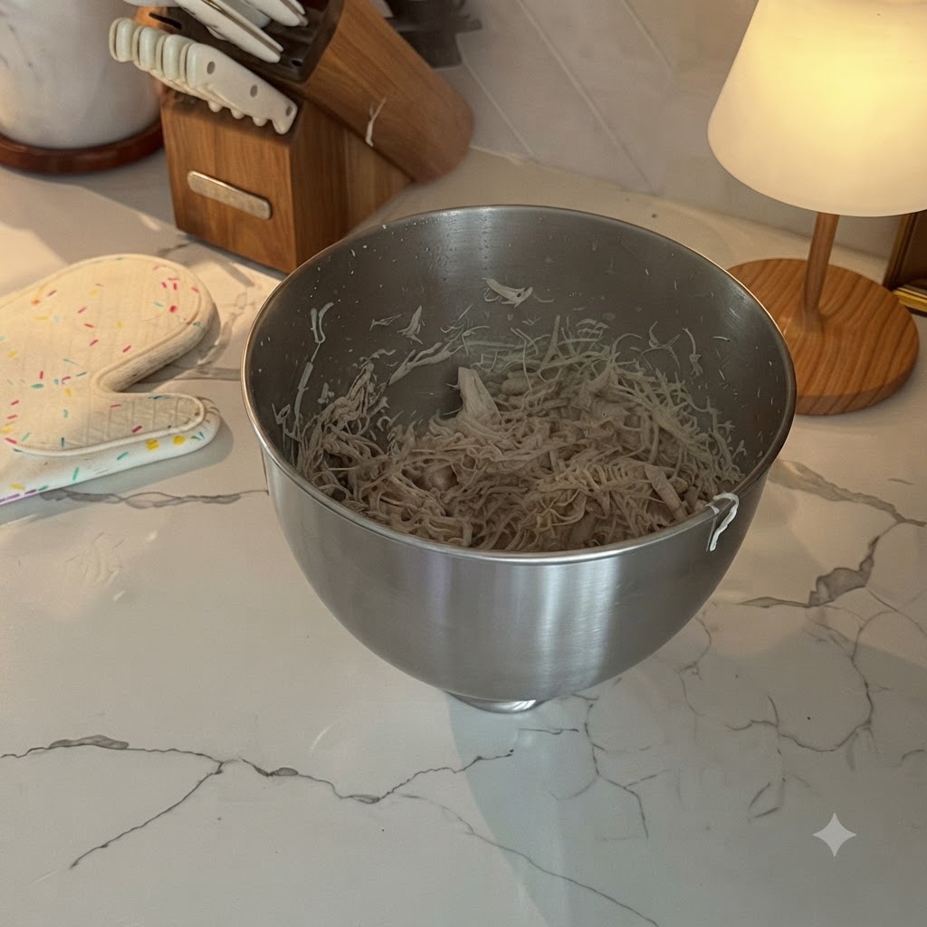 Fein zerzupfte gekochte Hähnchenbrüste in einer Edelstahlschüssel auf einer Marmorarbeitsplatte.