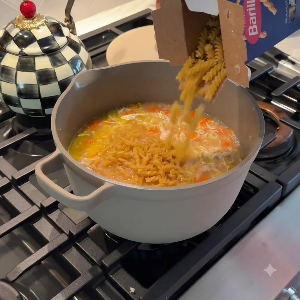 Trockene Spiralnudeln, die direkt aus einer Packung in einen Topf mit köchelnder Hühnernudelsuppe geschüttet werden.