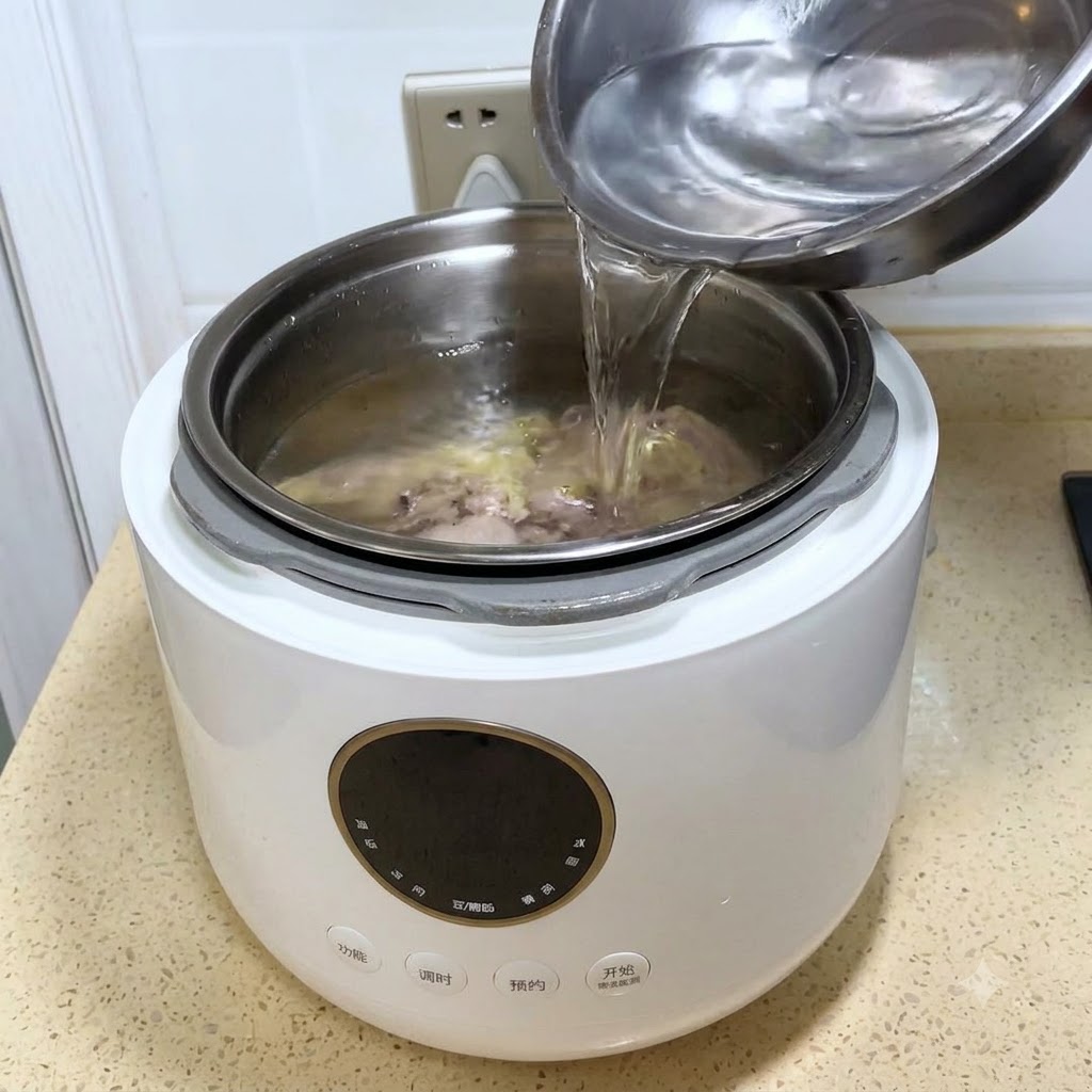 Wasser wird aus einer Stahlschüssel in einen weißen elektrischen Schnellkochtopf mit blanchiertem Hähnchen gegossen.