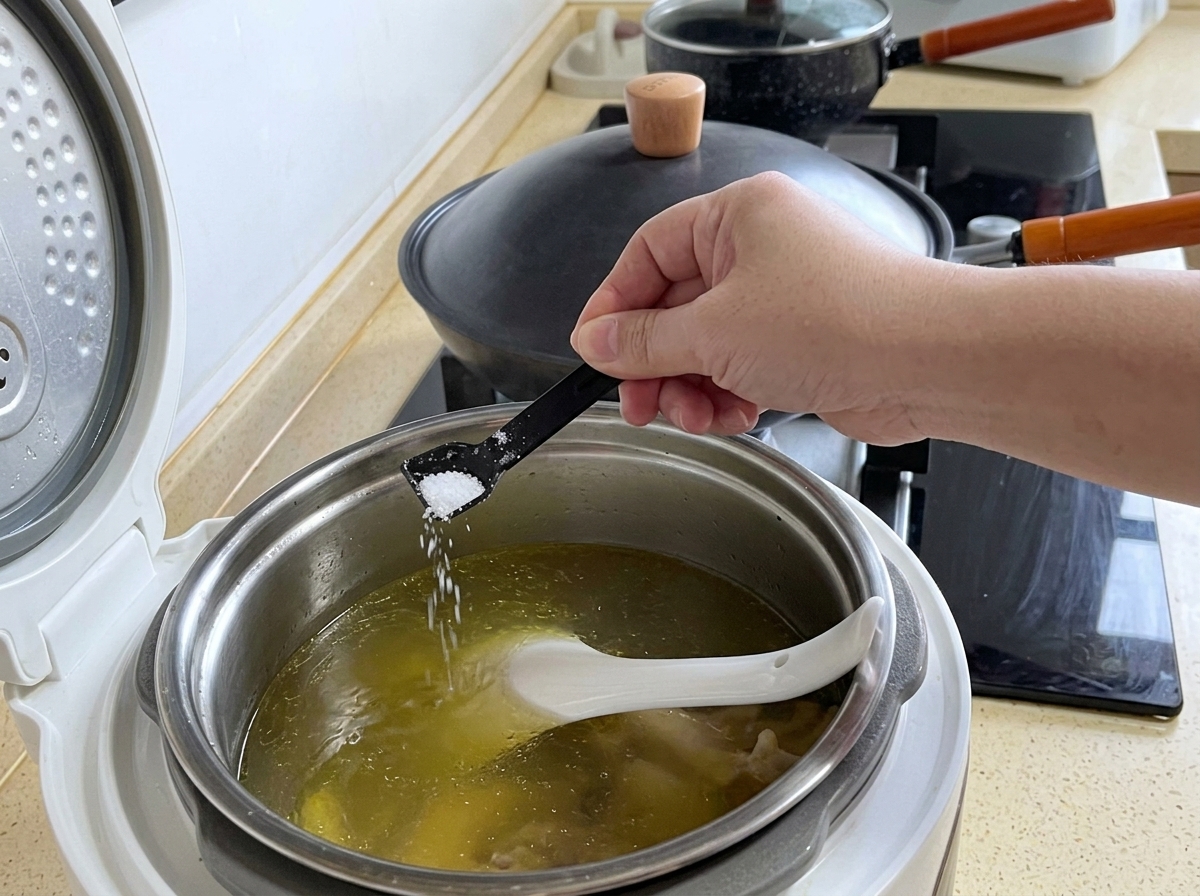 Ein kleiner schwarzer Messlöffel gibt Salz in einen dampfenden Topf mit gekochter Hühnersuppe.