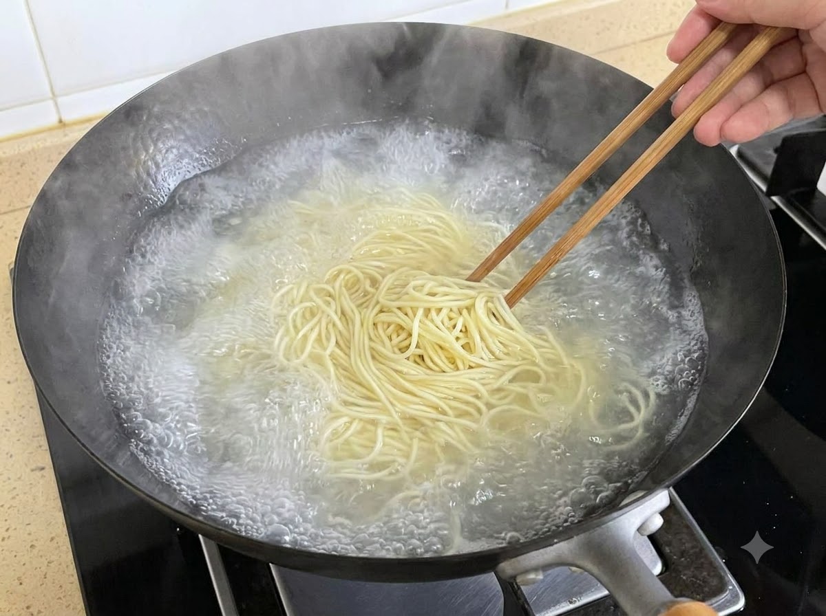Holzessstäbchen rühren dünne Nudeln um, die in einem großen schwarzen Wok mit kochendem Wasser kochen.