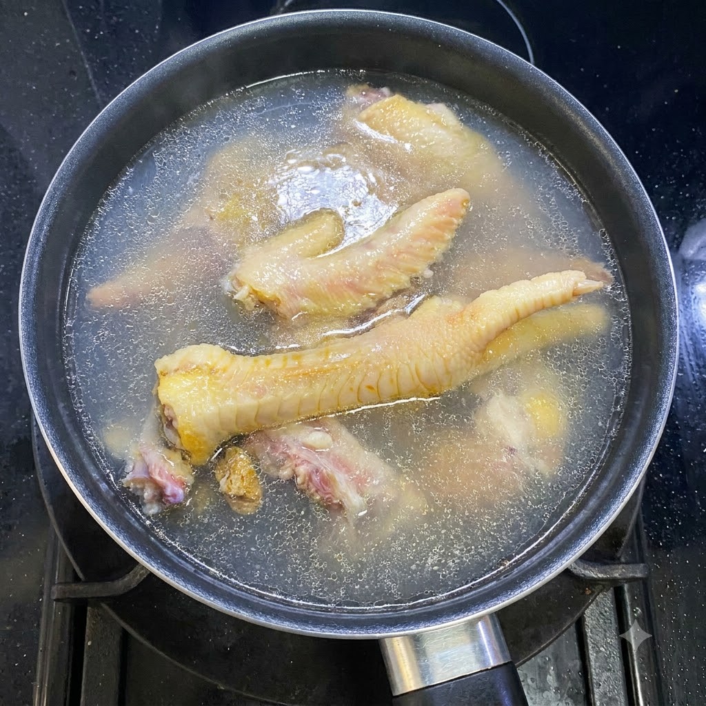 Hähnchen und Ingwer kochen zusammen in einem Topf auf dem Herd.