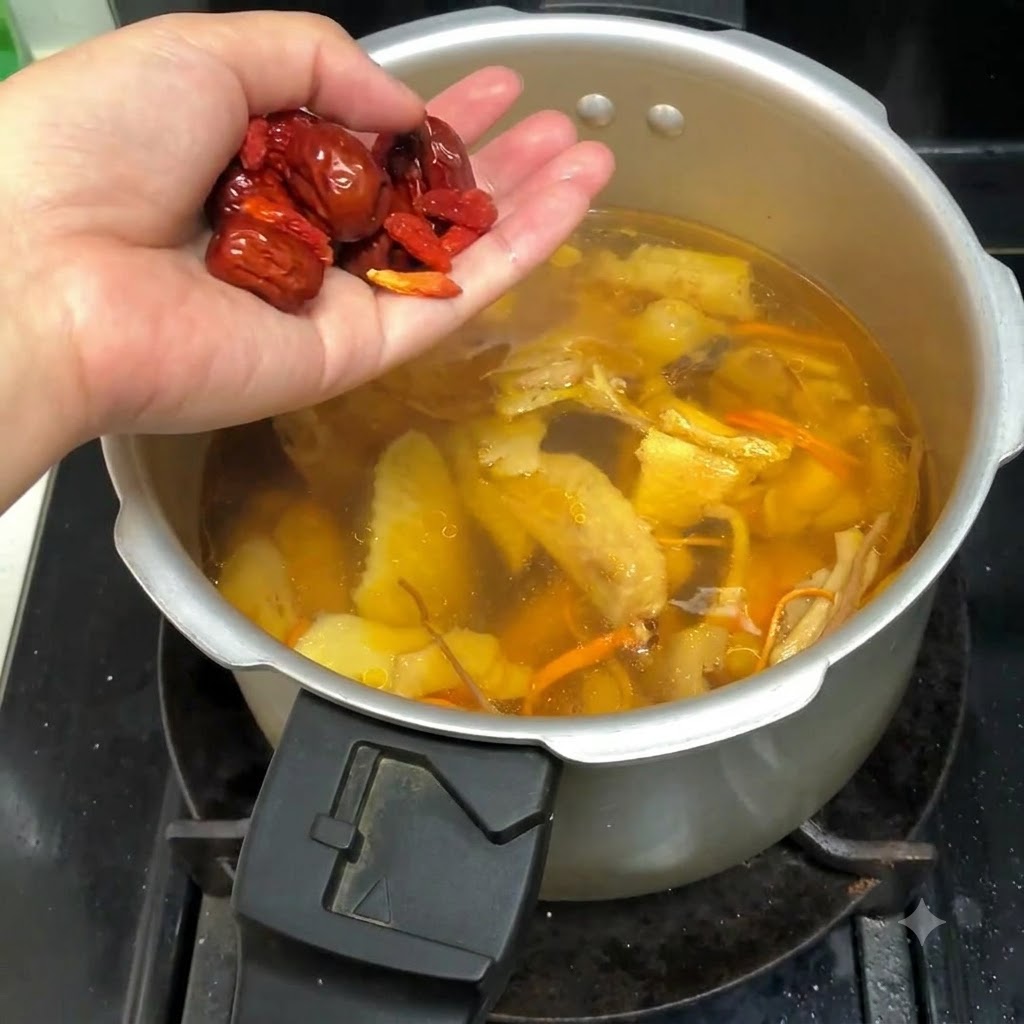 Eine Handvoll rote Datteln und Goji-Beeren werden zur Hühnerbrühe in den Schnellkochtopf gegeben.
