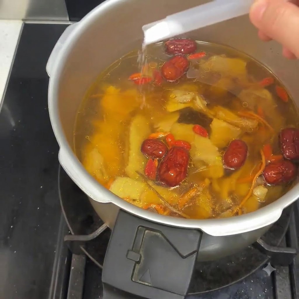 Eine Prise Salz wird in die köchelnde Hühnersuppe im Topf gestreut.