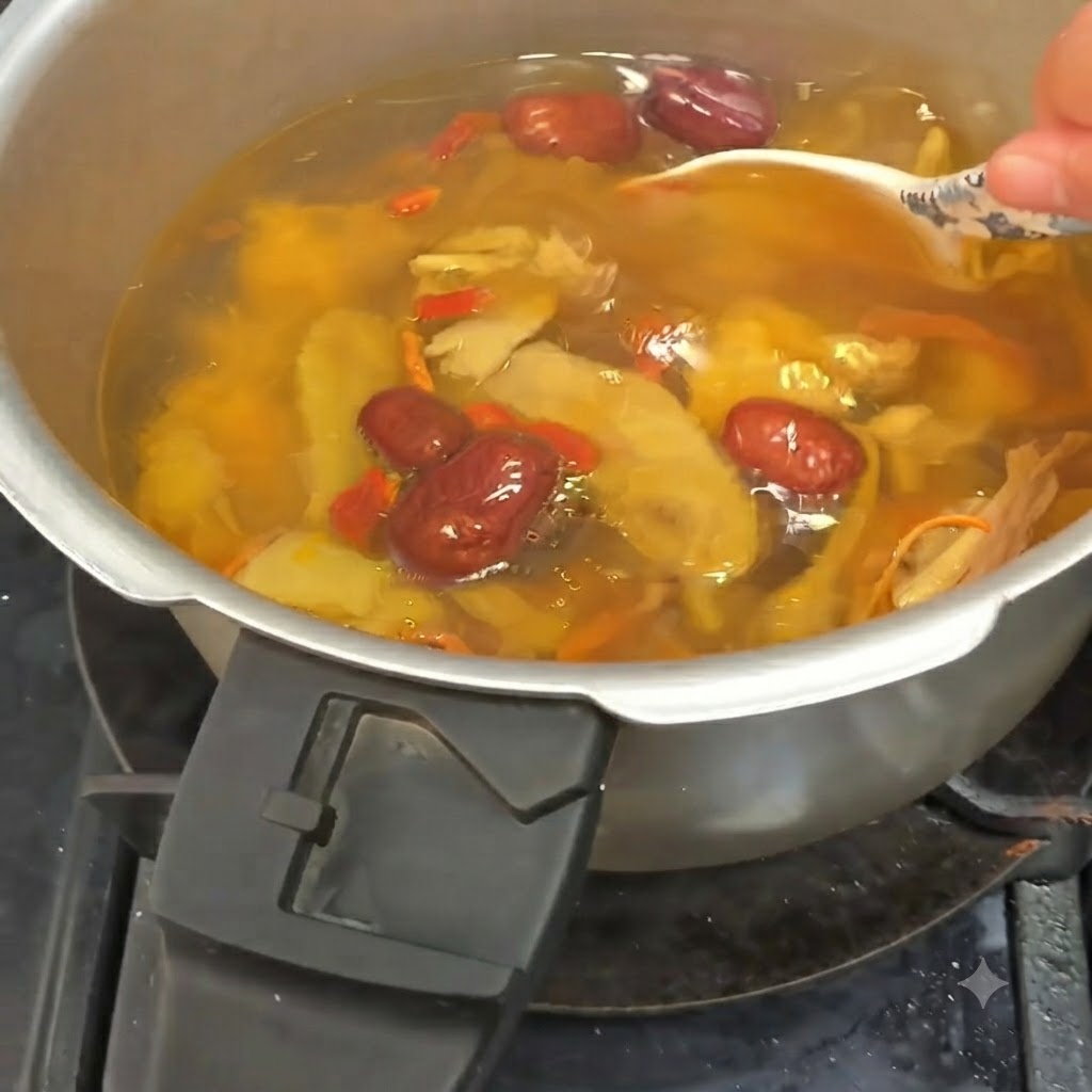 Eine weiße Schöpfkelle rührt die sprudelnde Hühnersuppe mit Pilzen, Datteln und Kräutern um.