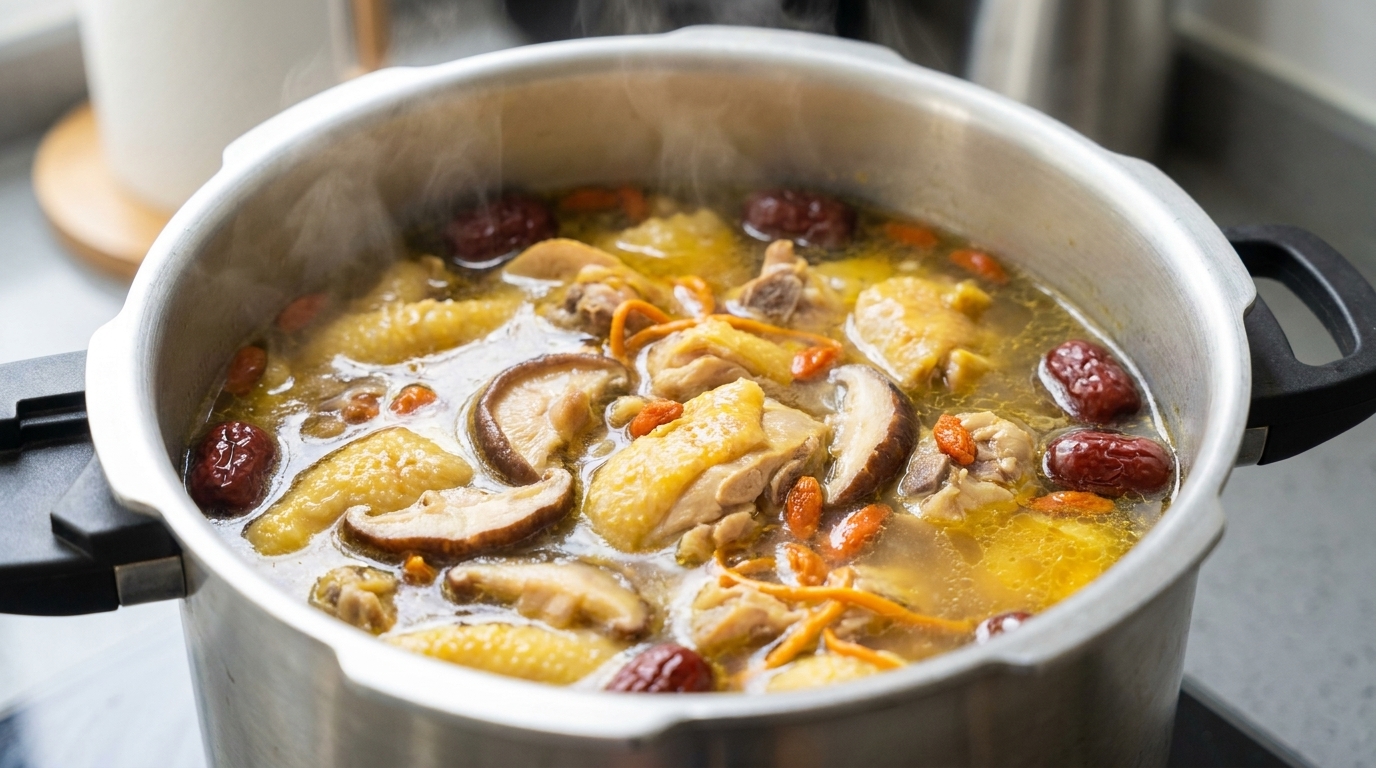 Shiitake-Hühnersuppe aus dem Schnellkochtopf
