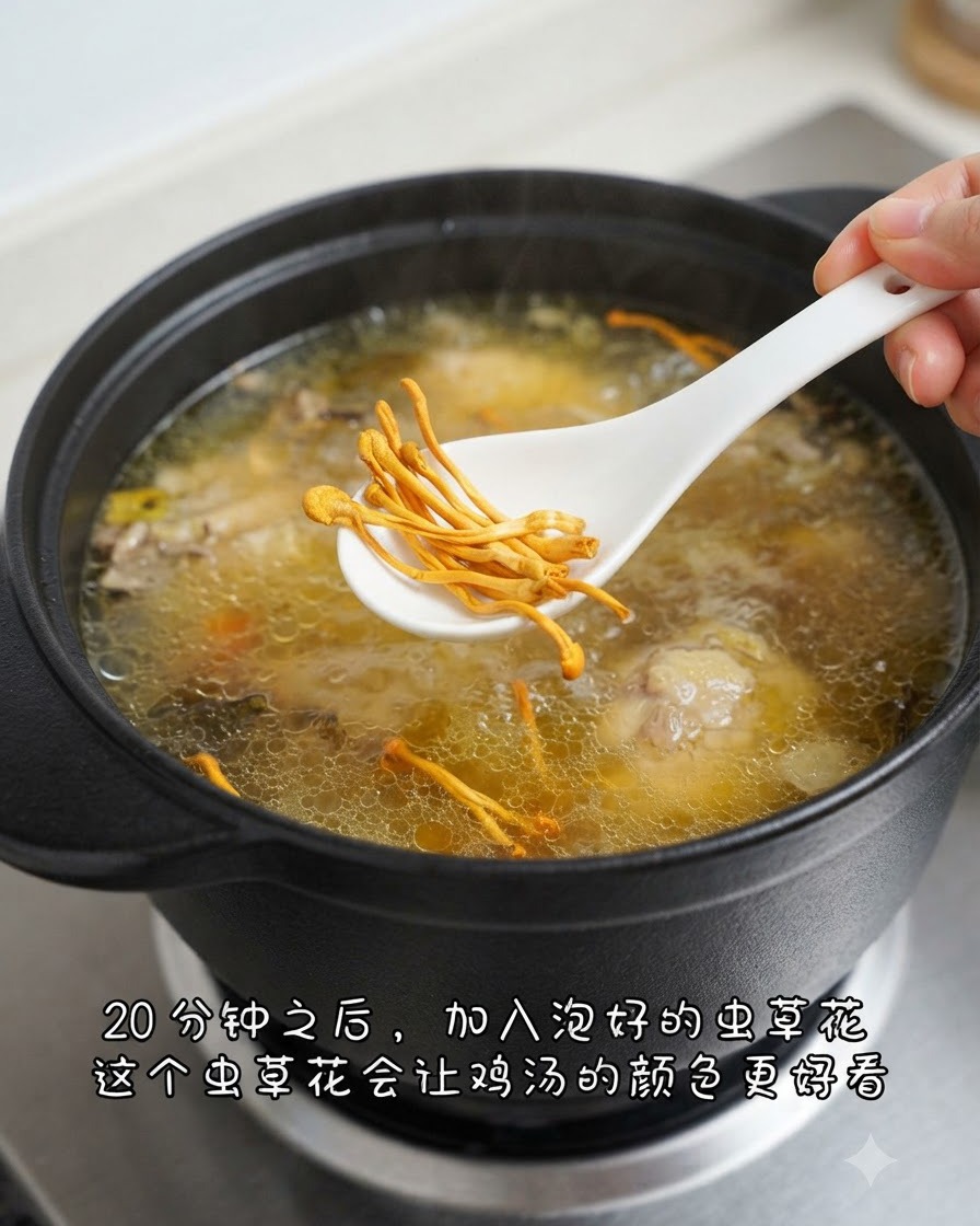Ein weißer Löffel hält orangefarbene Cordyceps-Blüten, während sie über einen Topf mit kochender Hühnersuppe gehalten werden.