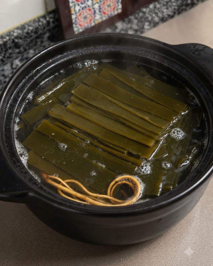Eine Schöpfkelle rührt die heiße Brühe mit geschnittenem Kelp, Cordyceps-Blüten und Hühnchen im Tontopf um.