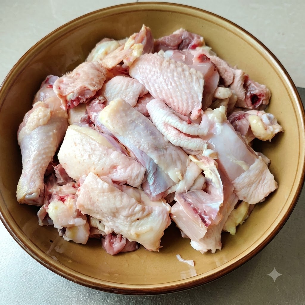 In Stücke geschnittenes rohes Hühnerfleisch in einer braunen Schüssel angeordnet.