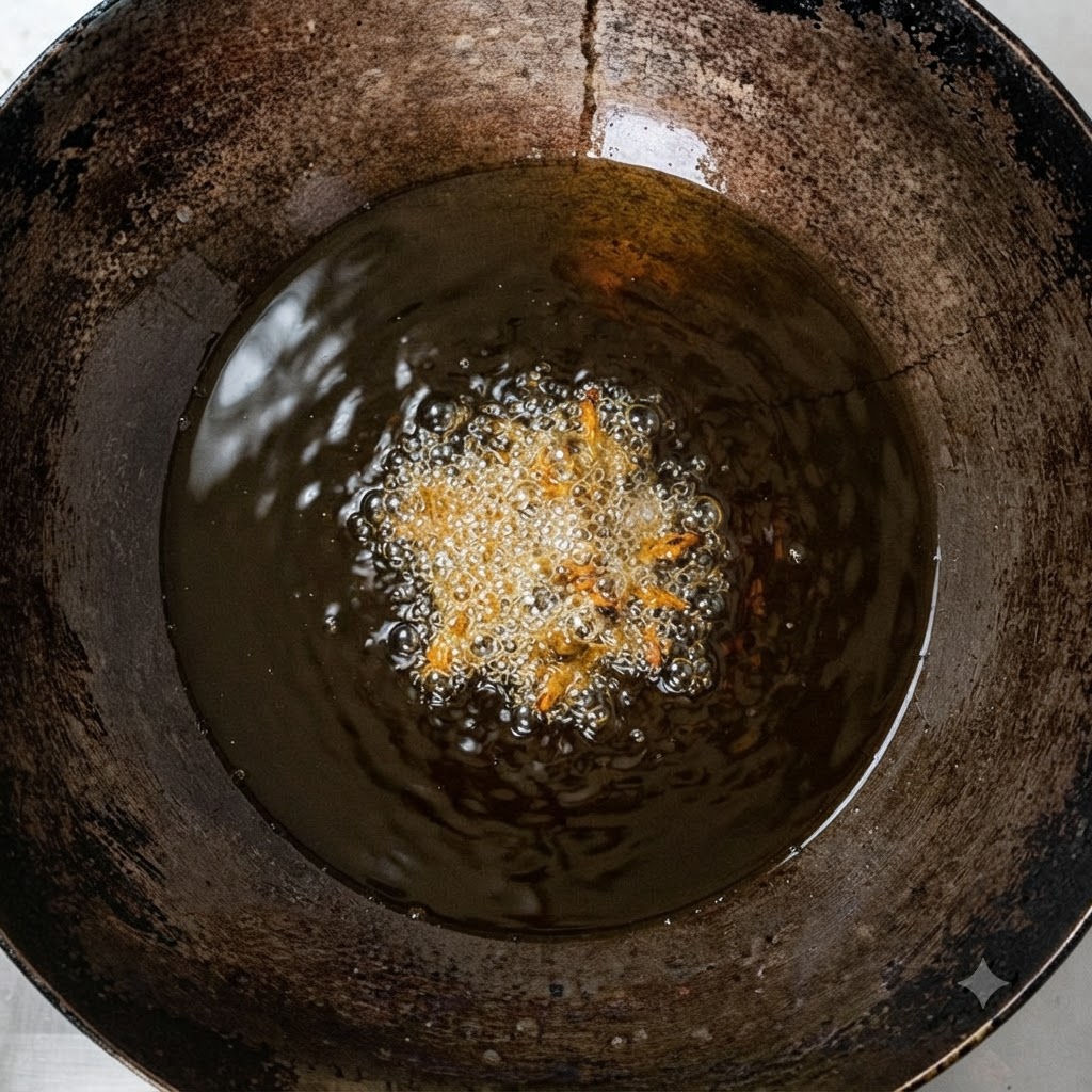 Ingwerscheiben brutzeln und braten in heißem Öl in einem Wok.