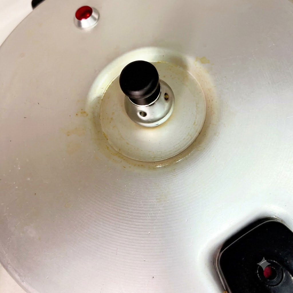 Rote Datteln werden in den dampfenden Schnellkochtopf fallen gelassen.