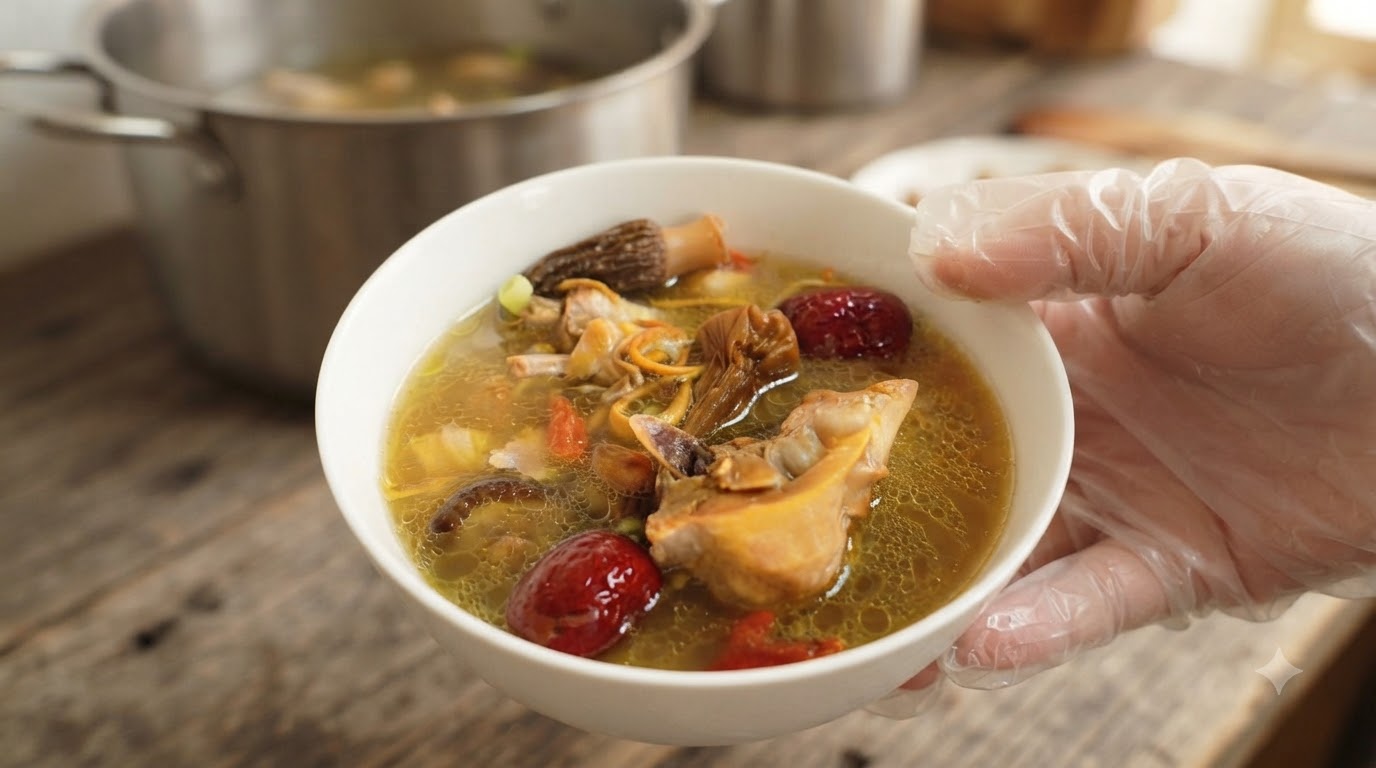Goldene Hühnersuppe mit Morcheln und Cordyceps