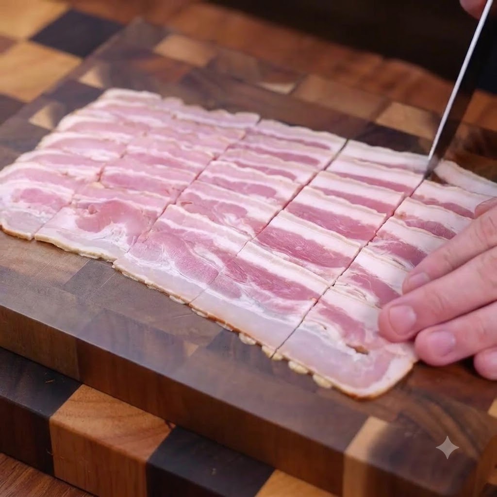 Roher, geräucherter Speck wird auf einem Holzschneidebrett in kleine Stücke geschnitten.