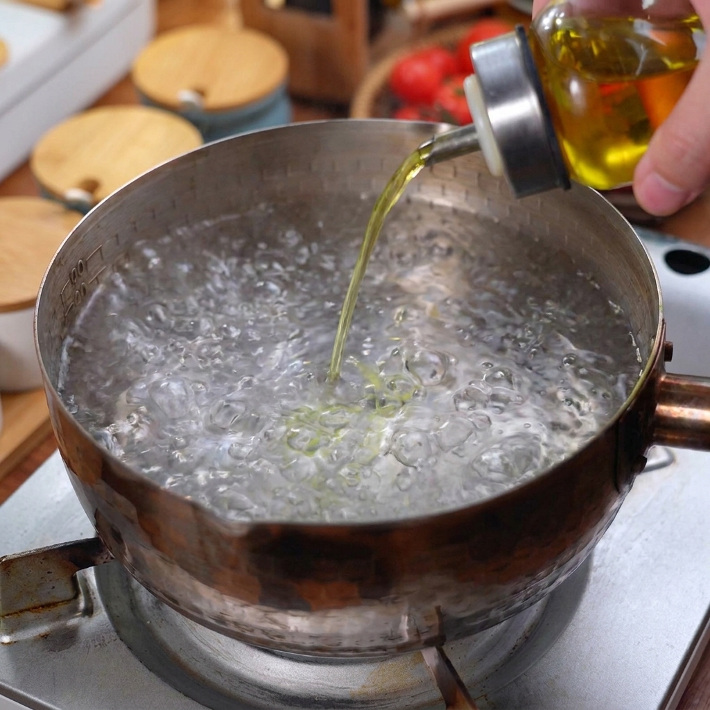 Speiseöl wird in einen Topf mit sprudelnd kochendem Wasser gegossen.