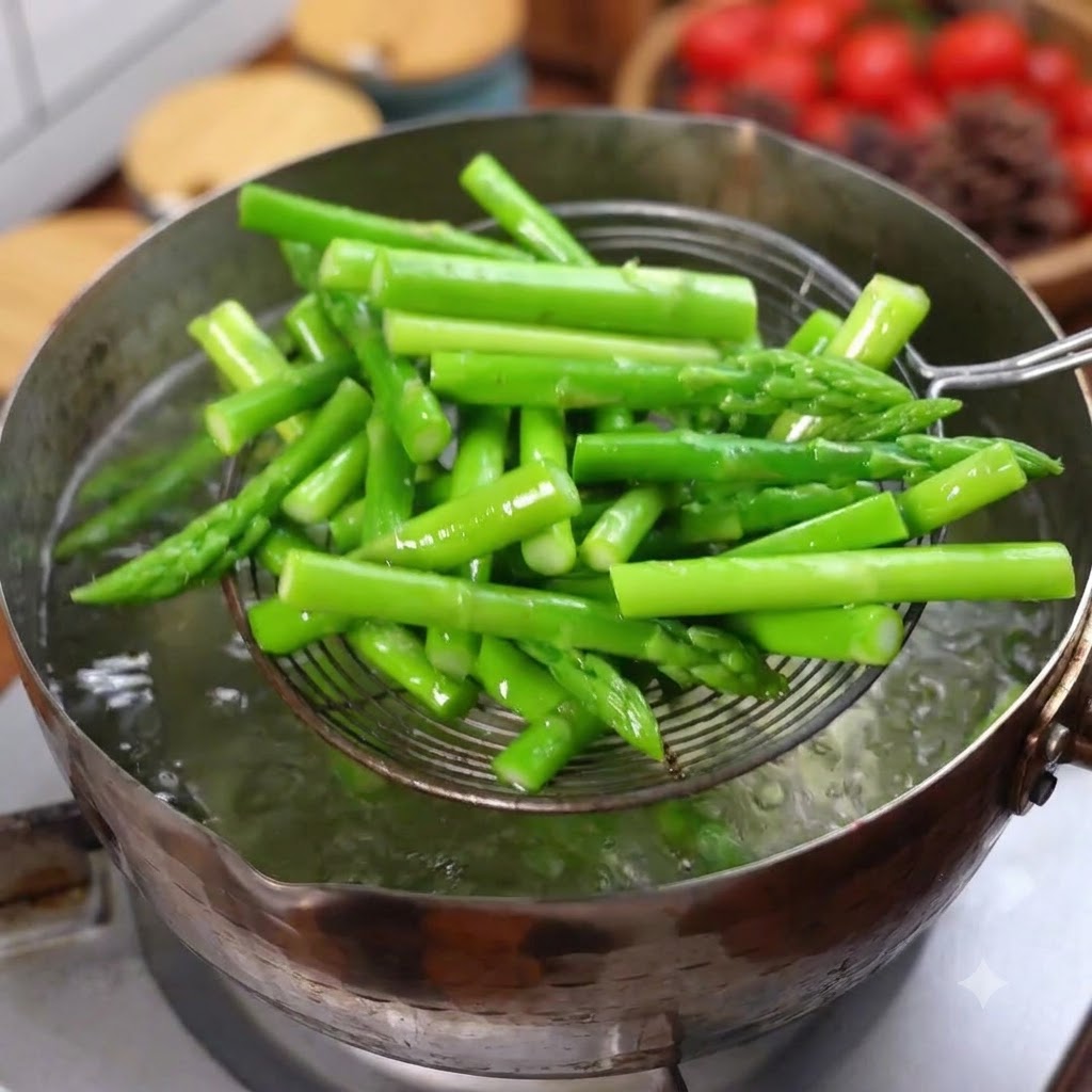 Leuchtend grüner, blanchierter Spargel wird mit einem Seihlöffel aus kochendem Wasser gehoben.