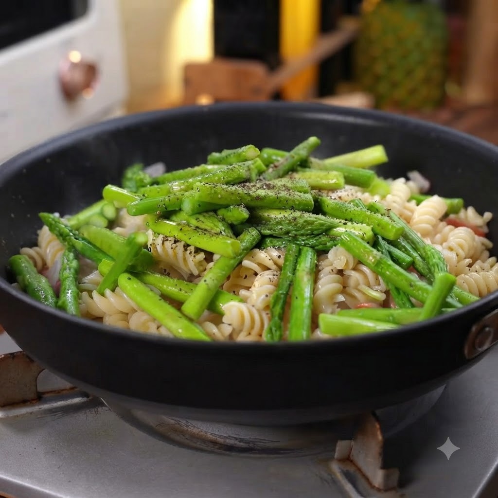 Frischer schwarzer Pfeffer wird aus einer Mühle über eine Pfanne mit Nudeln, Spargel und Speck gemahlen.