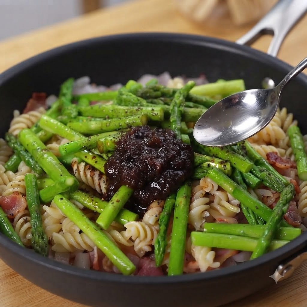 Ein Metalllöffel gibt dunkle Trüffelsauce auf eine Pfanne mit Nudeln und Spargel.