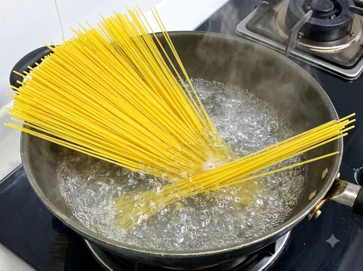 Lange gelbe Spaghetti-Nudeln kochen in einem Topf mit sprudelnd heißem Wasser.