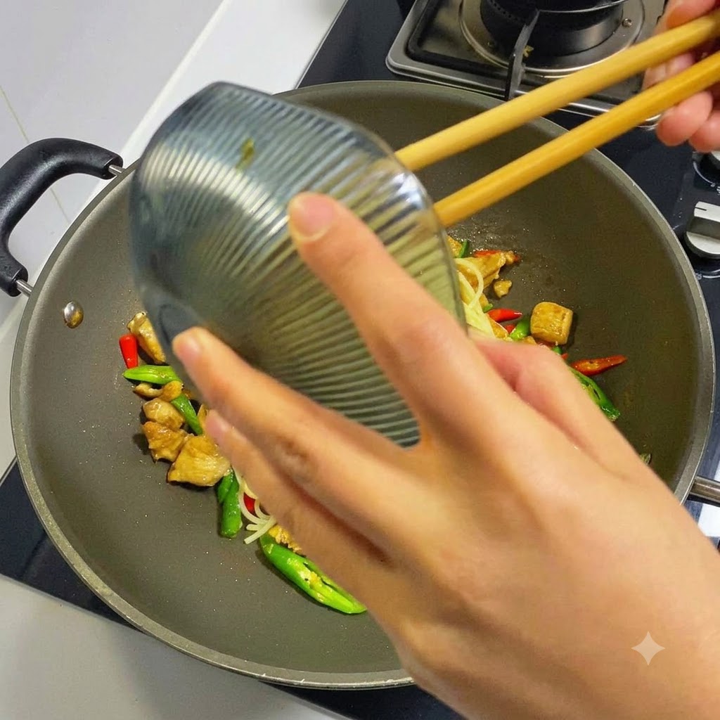 Hände gießen eine dunkle, herzhafte Soße aus einer kleinen Schüssel in einen Wok über Spaghetti-Nudeln und Hähnchen.
