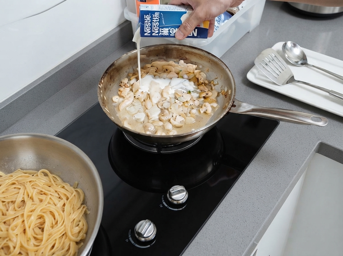 Schlagsahne wird aus einem Karton in eine Pfanne mit Hähnchen und Gemüse gegossen.