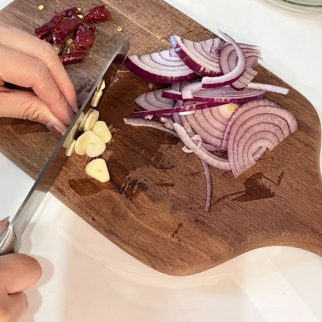 Marinierte Hähnchenschenkel braten mit der Hautseite nach unten in einer heißen schwarzen Pfanne.