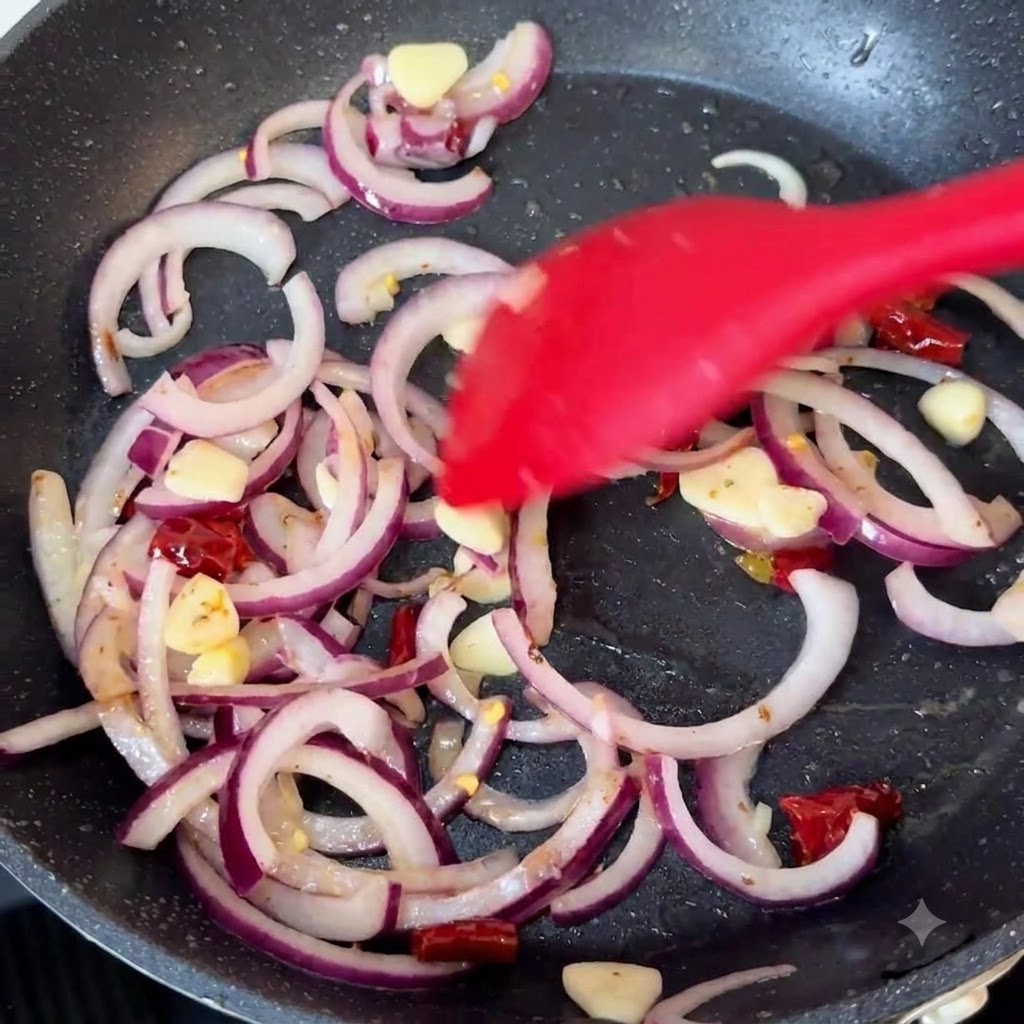 Geschnittene rote Zwiebeln, Knoblauch und getrocknete Chilischoten werden in einer heißen Pfanne mit einem roten Silikonspatel geschwenkt und angebraten.