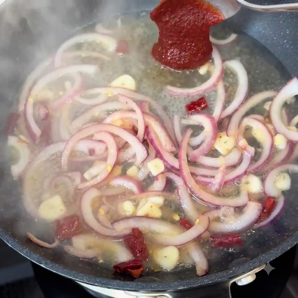 Koresche scharfe Paste wird in eine Pfanne mit Wasser, geschnittenen Zwiebeln und Gewürzen gelöffelt.