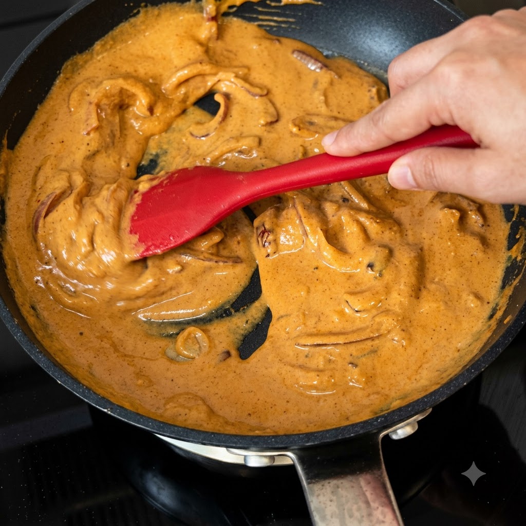 Ein roter Spatel rührt eine glatte, reichhaltige orangefarbene Curry-Creme-Soße in einer Bratpfanne um.
