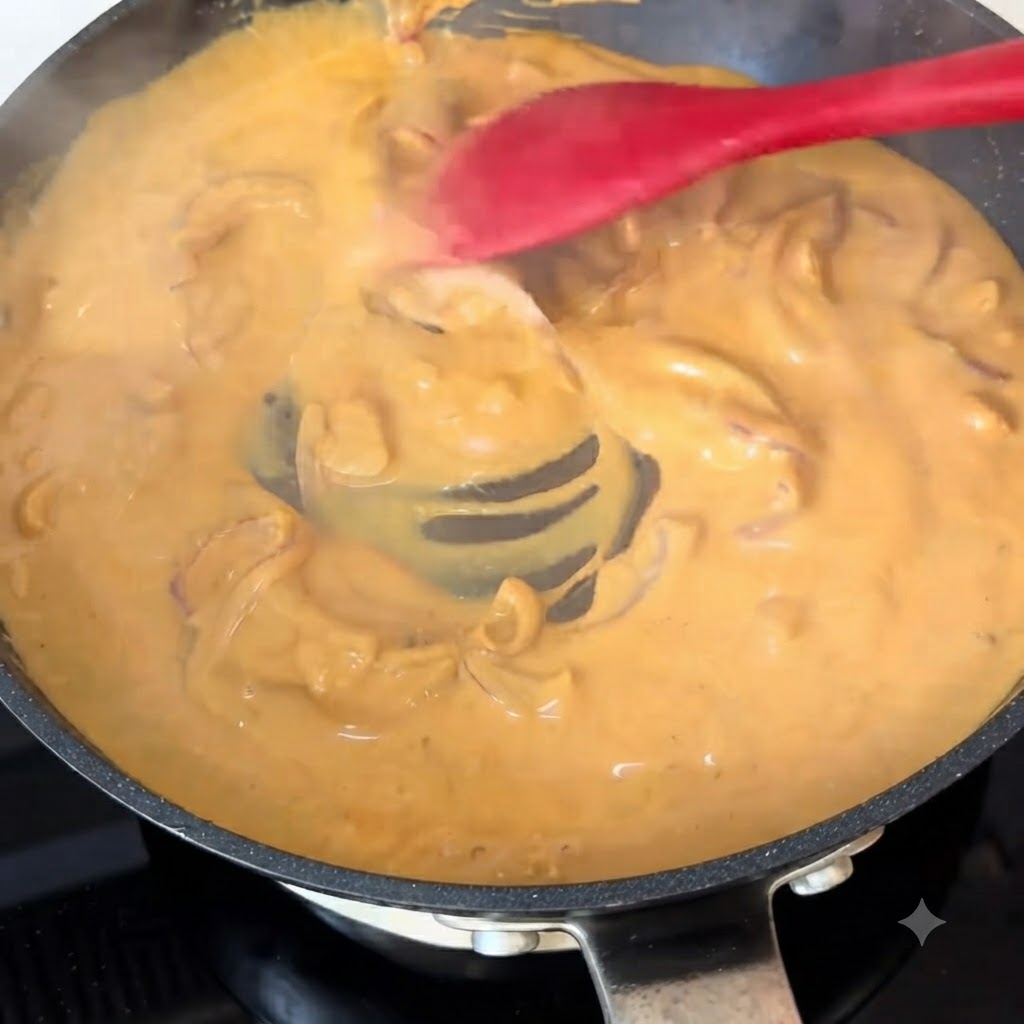 Gekochte Spaghetti-Pasta vermischt sich mit einer dicken, blubbernden orangen Curry-Creme-Soße in einer Pfanne.