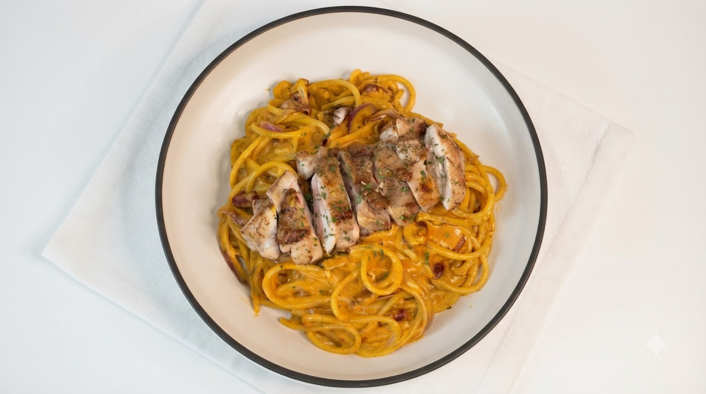 Cremige scharfe Curry-Hähnchenschnitzel-Pasta