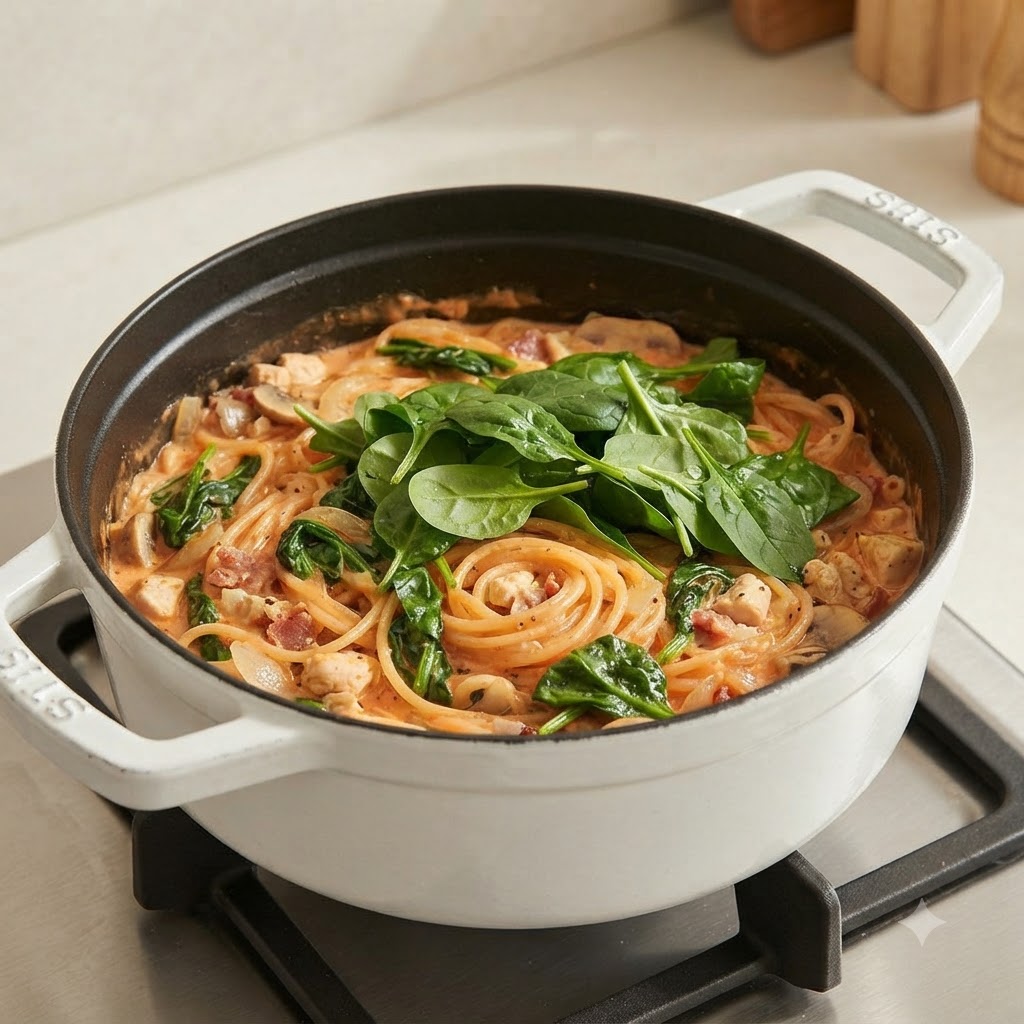 Frischer Spinat liegt auf cremiger Pasta mit Hähnchen und Bacon in einem weißen Topf.