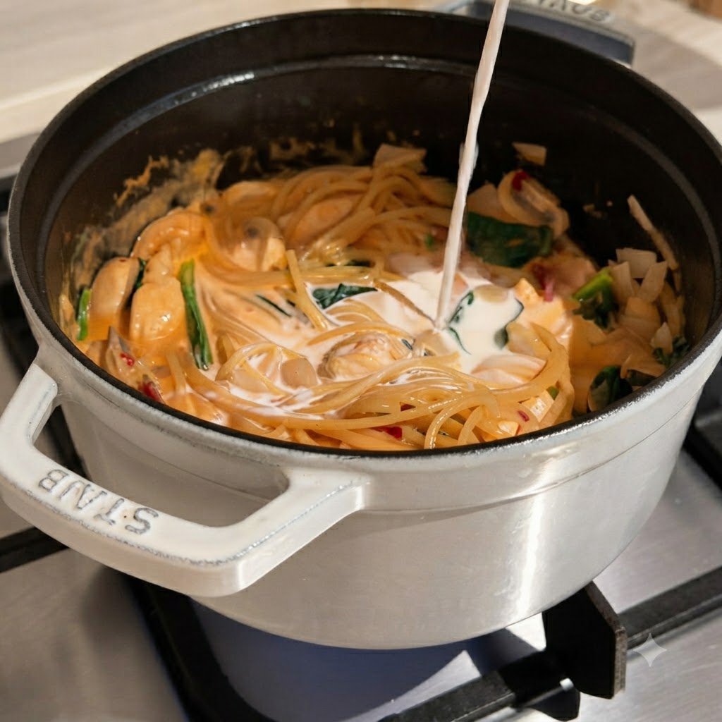 Flüssigkeit wird aus einem Gefäß in einen Topf mit kochender Pasta und Sauce gegossen.