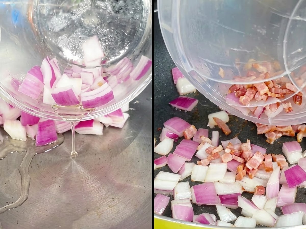 Gehackte rote Zwiebel und roher Speck werden in eine Pfanne mit erhitztem Öl gegeben.